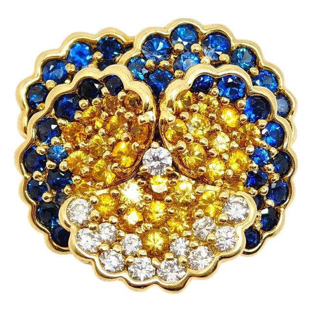 1990s Jean Vitau 18k Yellow Gold Sapphire and Diamond Pansy Brooch For Sale