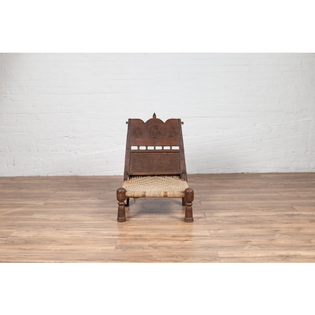 Brown Antique Indian Rustic Low Seat Wooden Chair with Carved Rosettes and Twine Seat For Sale - Image 8 of 12