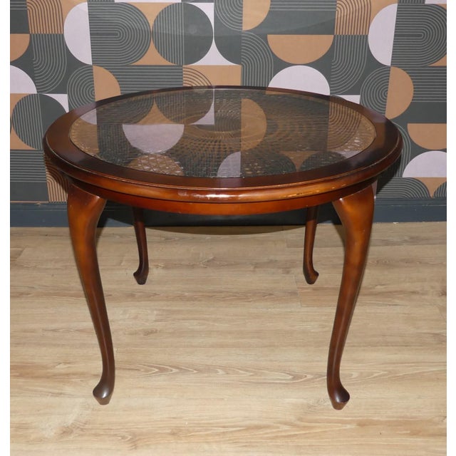 Brown Chippendale Round Coffee Table in Wicker and Glass, 1960s For Sale - Image 8 of 8