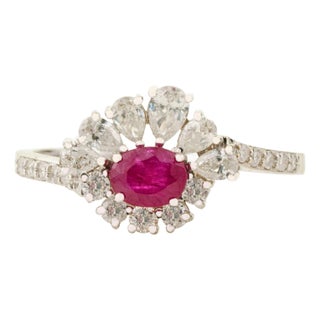 18k Gold Mozambique Natural Ruby & Diamond Floral Halo Cocktail Ring Size 6.5 For Sale