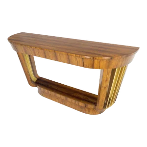 French Art Deco Rosewood Heavy Solid Brass Supports Demilune Console Hall Table