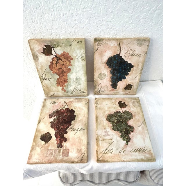 Vintage set of four old world design stretch canvas on wood prints each depicting a different grape cluster. Excellent...