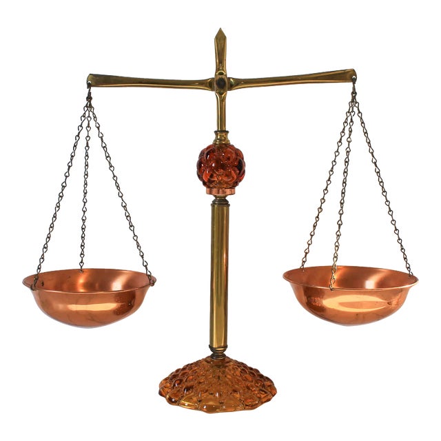 Vintage Copper & Brass Kitchen Scale W/ Amber Glass For Sale