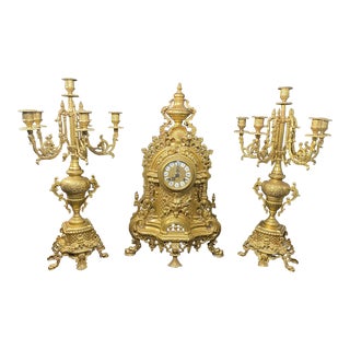 Late 20th Century Victorian Imperial Italy Franz Hermle Windup Mantle Clock and Two Candelabras - 3 Piece Garniture Set For Sale
