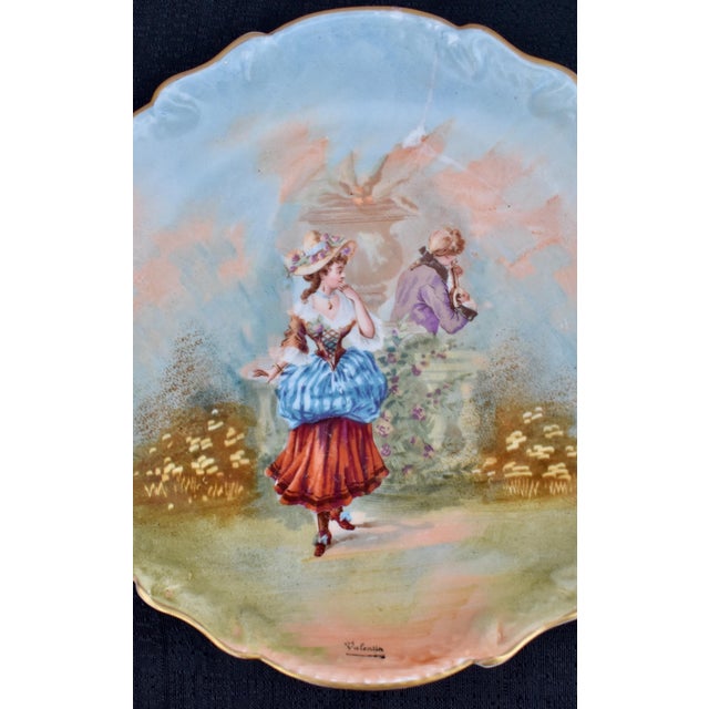 Sky Blue Antique LRL Limoges France Hand Painted Plate Courting Couple Signed Valentin For Sale - Image 8 of 14