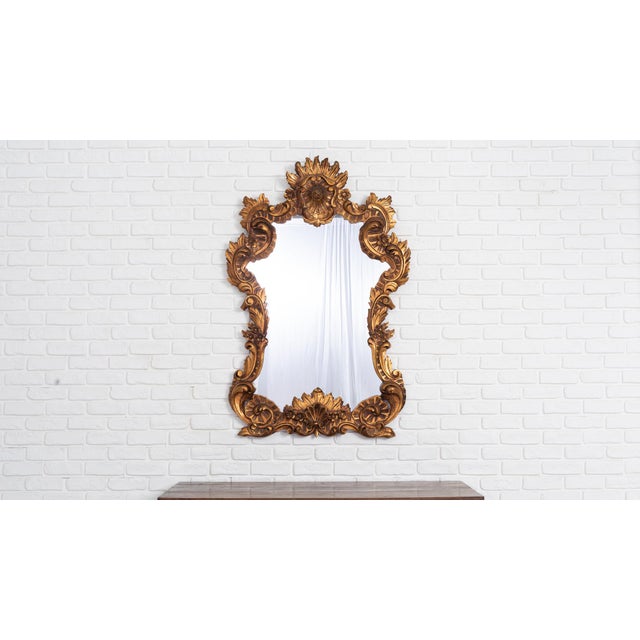 Gold Large Rococo-Style Giltwood Wall Mirror with Carved Scrollwork and Floral Motifs, 1960s For Sale - Image 8 of 8