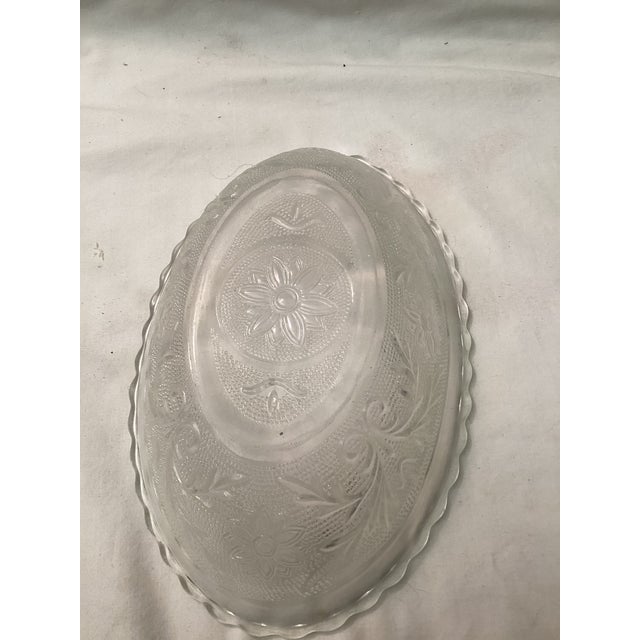 Traditional Vintage Clear Pressed Glass Oval Serving Bowl With Floral Design For Sale - Image 3 of 3