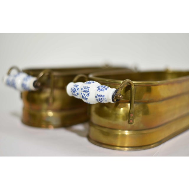 French Country Vintage Brass Herb Planters With Blue & White Ceramic Handles - A Pair For Sale - Image 3 of 12