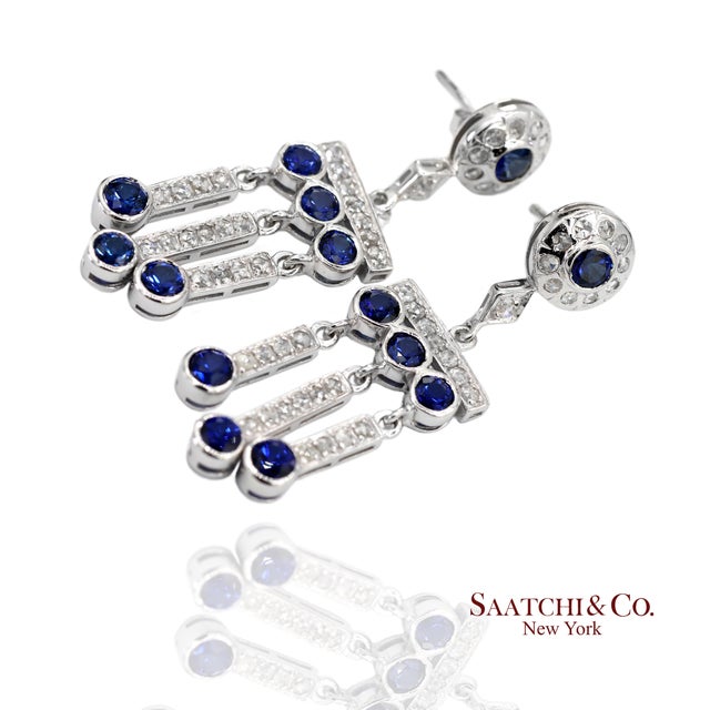 White 14k(585) Vintage White Gold Natural Diamond and Sapphire Earrings For Sale - Image 8 of 12