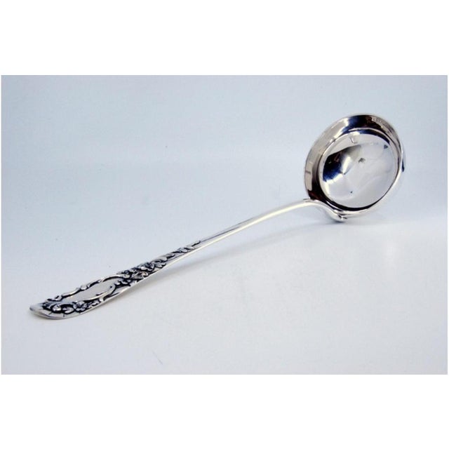 Metal Silver Soup Ladle with Floral Relief Handle and Monogram Card For Sale - Image 7 of 9