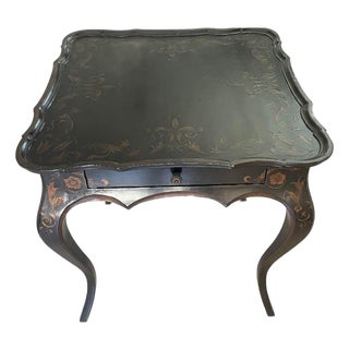 1980s Black Pavilion Side Table With Floral Patterns and Drawer For Sale