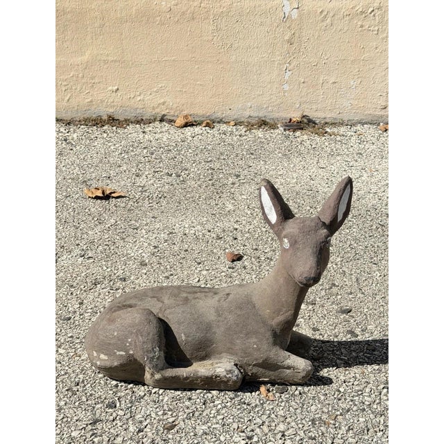 Mid-Century Modern Vintage Reclining Fawn Seated Deer Small 16" Cement Concrete Stone Garden Statue For Sale - Image 3 of 15