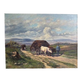 Oil on Canvas Oxen in Field Pulling Harvest Signed Holtorf 1929 For Sale