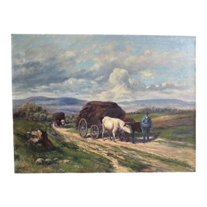 Oil on Canvas Oxen in Field Pulling Harvest Signed Holtorf 1929