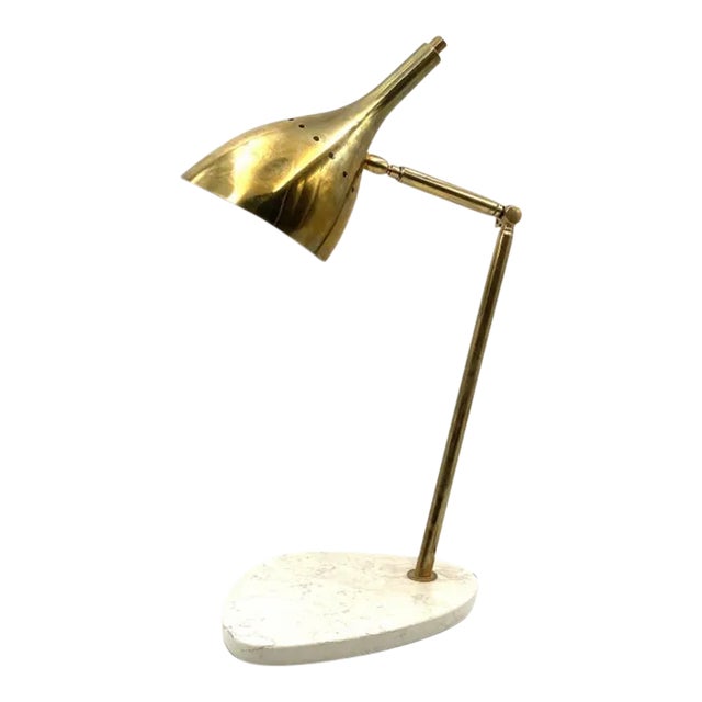 1980s Golden Brass Table / Desk Lamp With Carrara Marble Base, Italy For Sale
