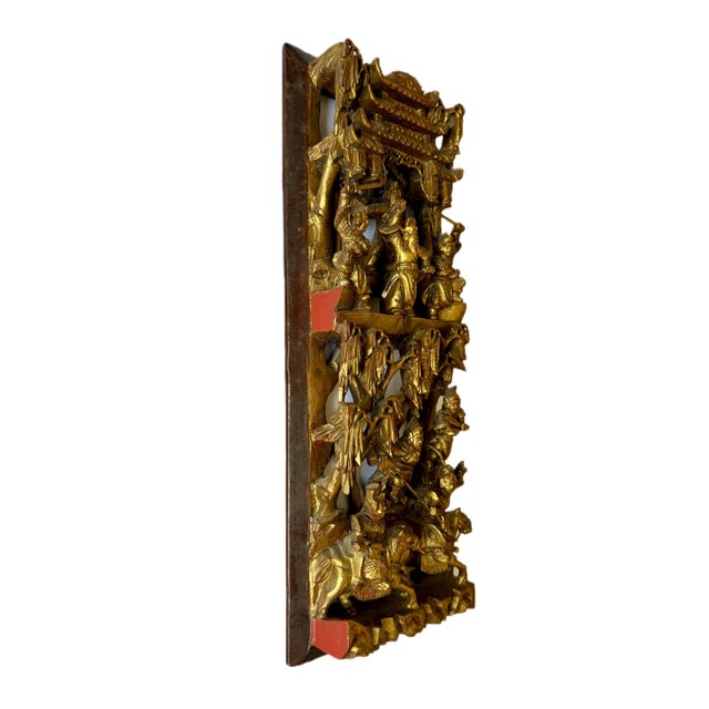 This exquisite antique Chinese gilt-wood wall panel is a remarkable example of traditional Chinese craftsmanship,...