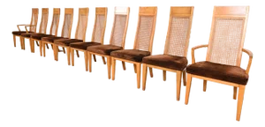 Milo Baughman Style Mid-Century Modern Burl Wood and Cane High Back Dining Chairs by Lane, Set of Ten
