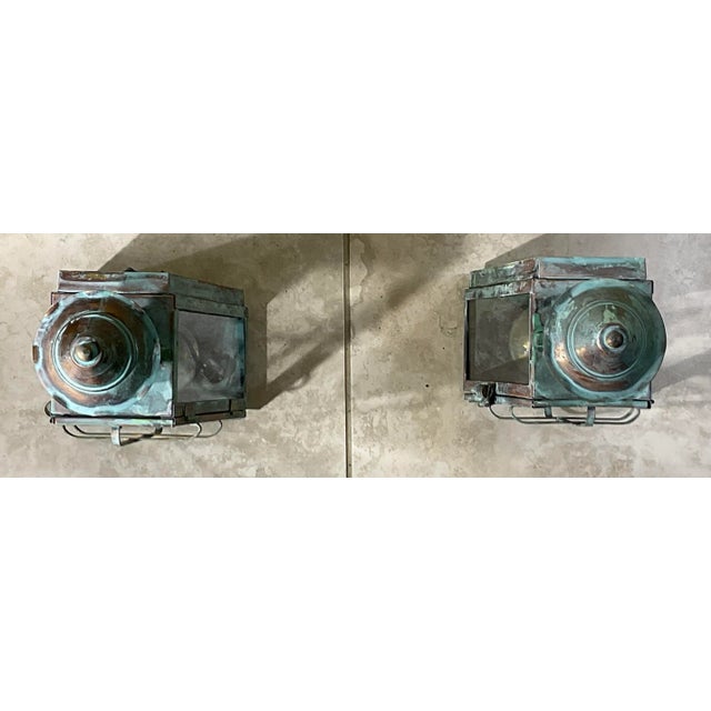 Funky Vintage Pair of Solid Patinated Brass and Copper Wall Lanterns For Sale - Image 11 of 16