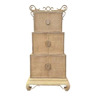 Chinoiserie Rattan Pagoda Style Cabinet With Natural Bent Wood & Pencil Reed Base by Hickory For Sale