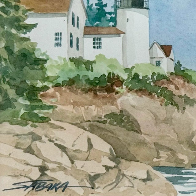 1980s Vintage Coastal Watercolor Bass Harbor Maine Lighthouse Painting - Signed “Sabaka” For Sale - Image 5 of 10