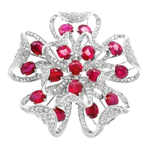 Large Ruby Diamond 18k White Gold Floral Cocktail Ring Size 6.5