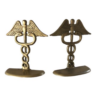 Rod of Aesculapius Brass Bookends For Sale