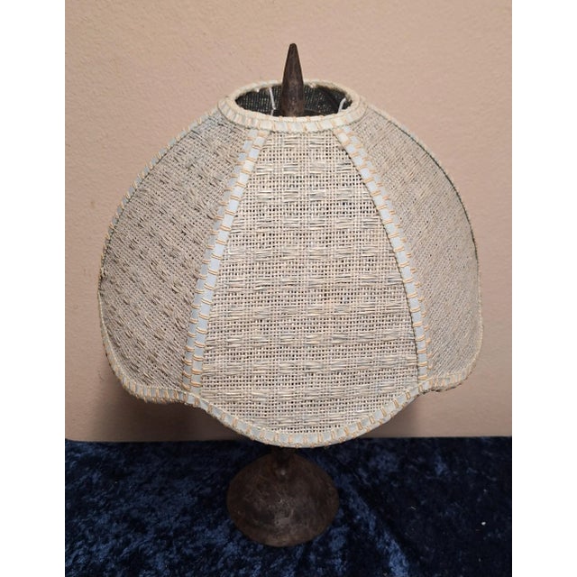 Mid-Century Rustic Wrought Iron Table Lamp with Mint-Beige Fabric Shade, 1950s For Sale - Image 4 of 9