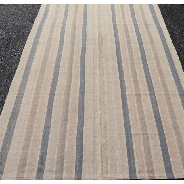 Vintage Turkish Gallery Kilim With Soft Neutral Stripes in Blue and Sand For Sale - Image 9 of 12