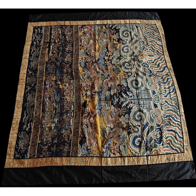 Antique Chinese Square Textile Blue 1800s Rug, Circa Date: 1800s. This exceptional square textile piece, originating from...