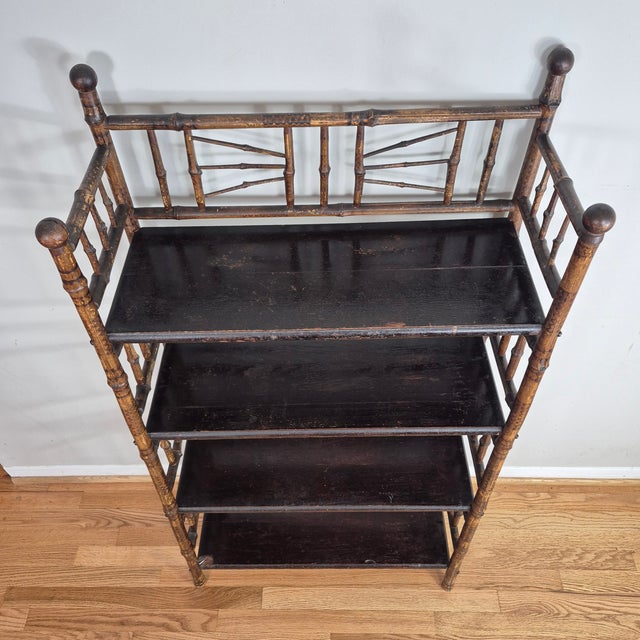 Traditional Early 1900s English Aesthetic Movement Burnt Bamboo Bookshelf Etagere For Sale - Image 3 of 11