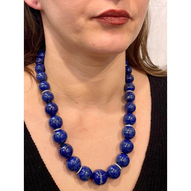 Certified Lapis Lazuli Vintage Lapis Lazuli Single Strand Necklace with 1.1 Carat Diamond Ball Clasp in 14 Karat White...