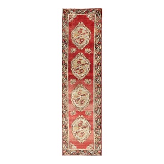 Antique Turkish Oushak Runner With European Design in Red Brown and Green For Sale