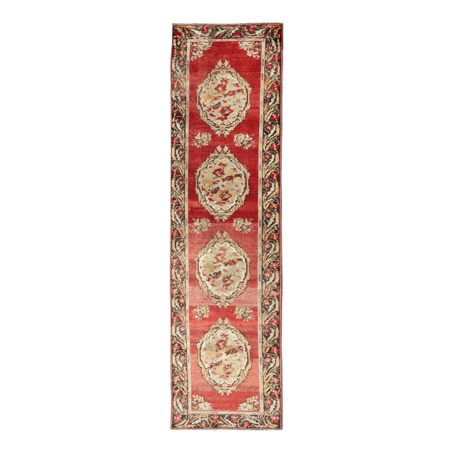 Antique Turkish Oushak Runner With European Design in Red Brown and Green For Sale