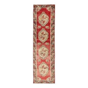 Antique Turkish Oushak Runner With European Design in Red Brown and Green