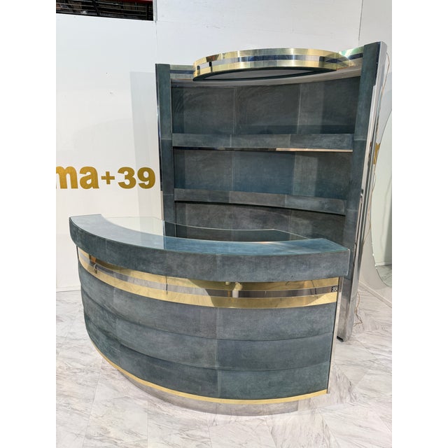1970s Mid-Century Modern Attributed to Willy Rizzo Bar Cabinet in Blue Suede, Brass & Chrome For Sale In Los Angeles - Image 6 of 13