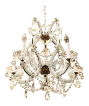 1950s Maria Teresa Milk Glass and Brass Chandelier With Crystal and Opalescent Pendants
