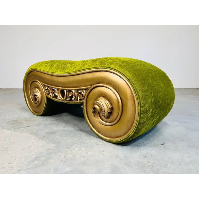 Hollywood Regency Hollywood Regency Scrolled Velvet & Gold-Gilt Ionic Capital Upholstered Bench For Sale - Image 3 of 8
