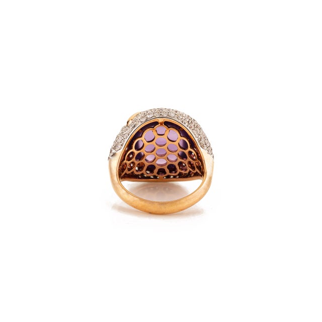 Metal Antique Cocktail 14.21 CTW Amethyst Cabochon Ring With Cluster Diamonds in 18k Gold Size 5 For Sale - Image 7 of 14