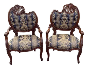 Pair Antique French Rococo Fireside Arm Chairs