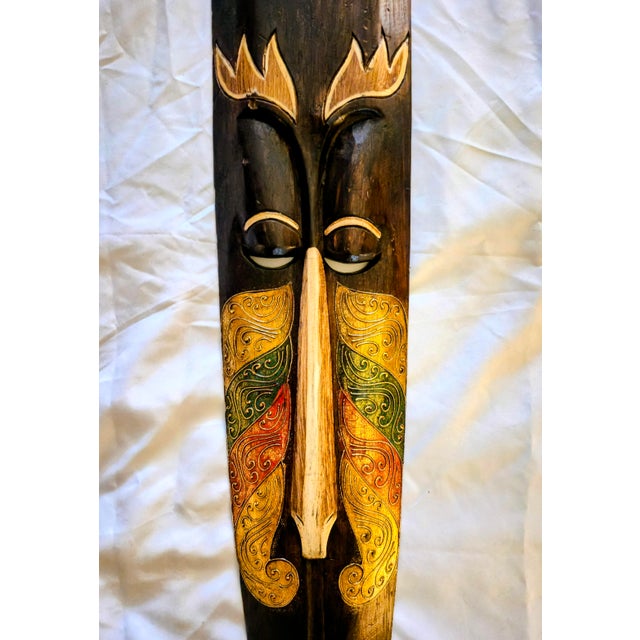 Tribal 40" Hand-Carved Indonesian Wood Wall Mask - Elongated Balinese Tribal Foil-Accent Sculpture (39.5") For Sale - Image 3 of 6