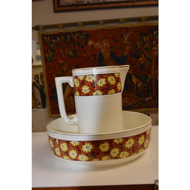 Mid-Century Modern Vintage Nouvelles Usines Du Nord St. Amand France Ceramic Vibrant Floral Wash Basin & Ewer W/ Soap Dish For Sale - Image 3 of 18