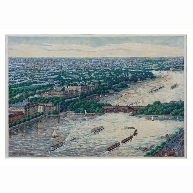 Vintage watercolor painting depicting an aerial view of Hamburg, Germany. This lovely scene captures the river Alster with...