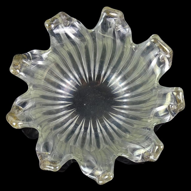 Mid-Century Modern Vintage Barovier Toso Murano Iridescent Gold Flecks Italian Art Glass Scissor Cut Rim Bowl Catchall For Sale - Image 3 of 6