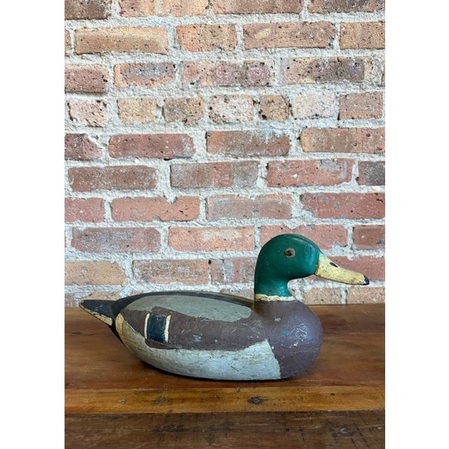 Authentic mid-century hand-carved wooden mallard drake duck decoy. Attributed to the documented Illinois River carver Fred...