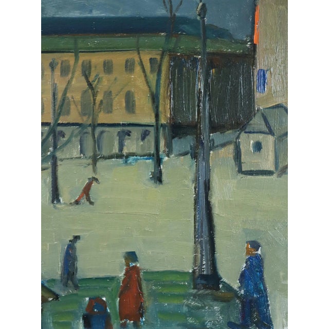 Mid-Century Modern 'Passing Moments' Vintage Original Expressive Street Scene Landscape Oil Painting, Framed For Sale - Image 11 of 12