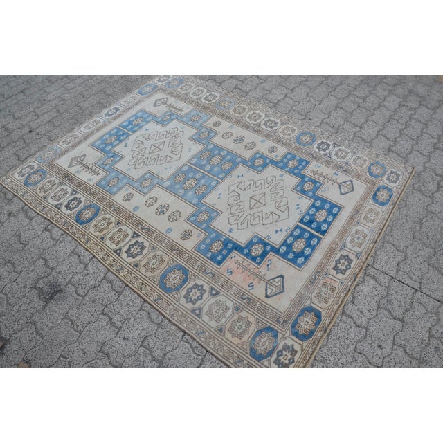 Off White and Pale Blue Turkish Carpet For Sale - Image 9 of 11