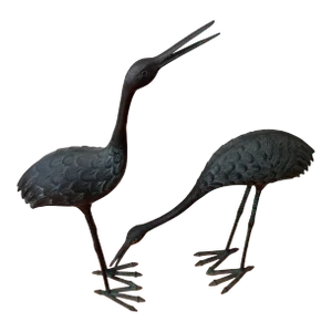 Pair of Mid Century Extra Large Bronze Storks Statues With Verdigris Patina