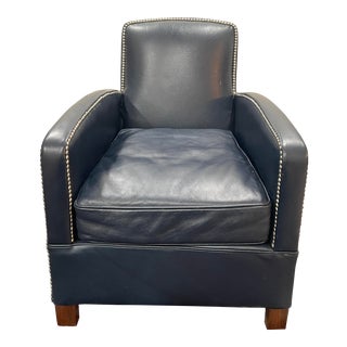 Timothy Oulton Blue Leather Art Deco Style Armchair For Sale