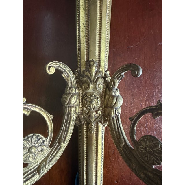 Neoclassical Sconces Beautiful Vintage Neoclassic Brass / Bronze Dore’ With Torch Motif. Wired (Pair). For Sale - Image 3 of 8