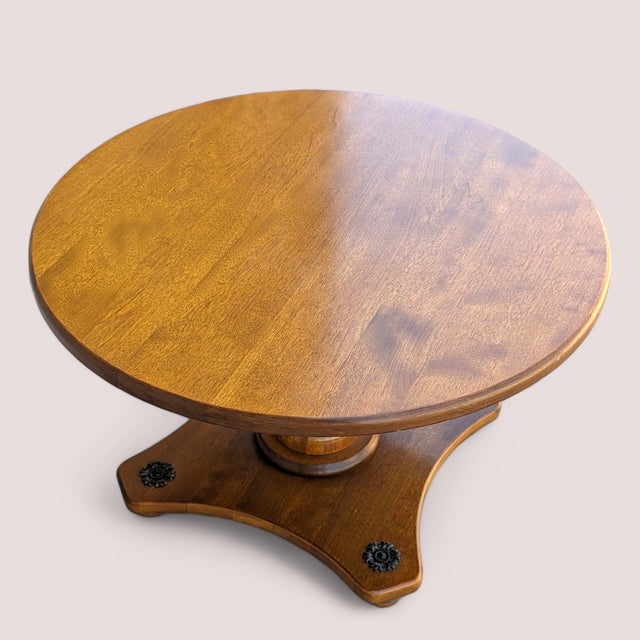 Traditional Vintage Round Solid Maple Pedestal End Table With Decorative Rosettes For Sale - Image 3 of 15